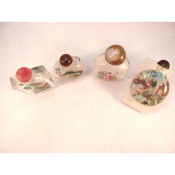 Reverse Painted Glass Snuff Bottles Vintage Asian Art with Stoppers Lot of 4 - Picture 4 of 12